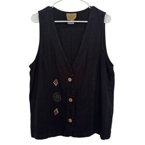 Vintage BLUE CACTUS Medium Black Jersey Linen Front Button Sleeveless Long Vest